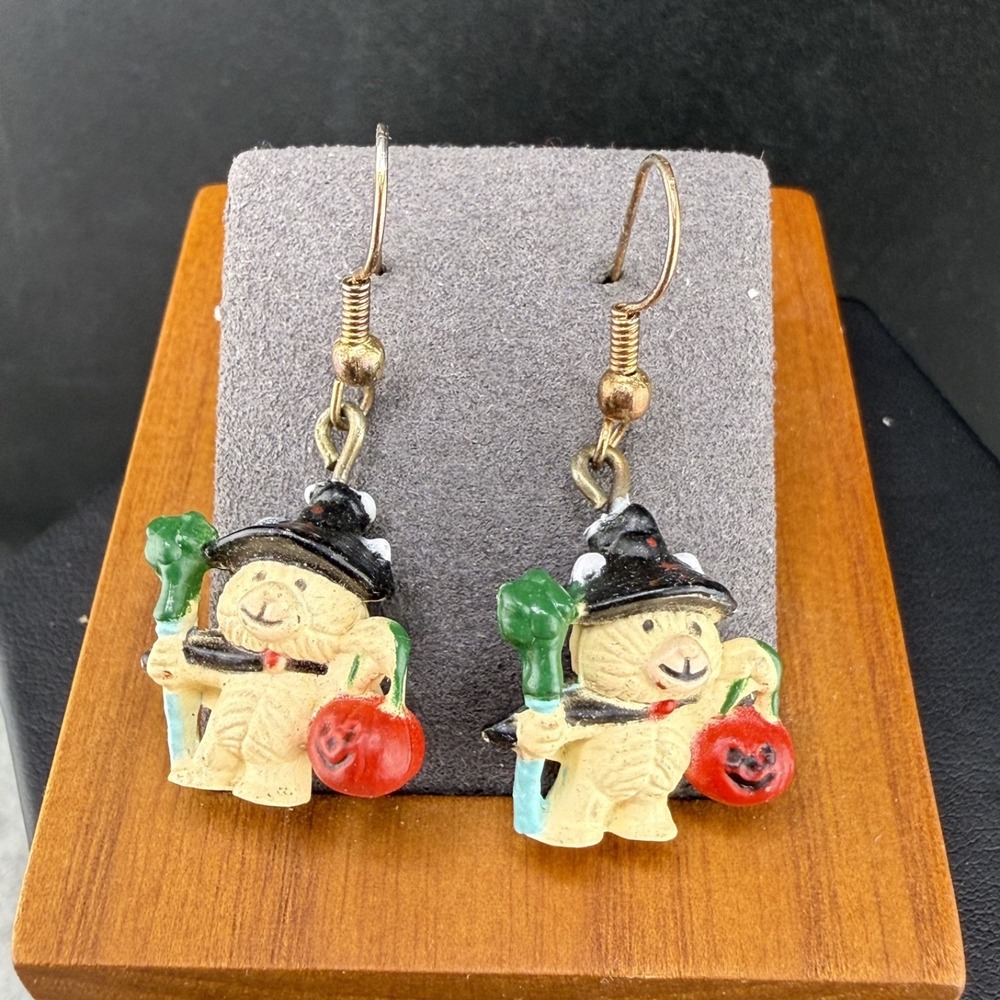 Vintage Halloween Teddy Bear Witch Earrings Gold Tone Dangle Pierced Small